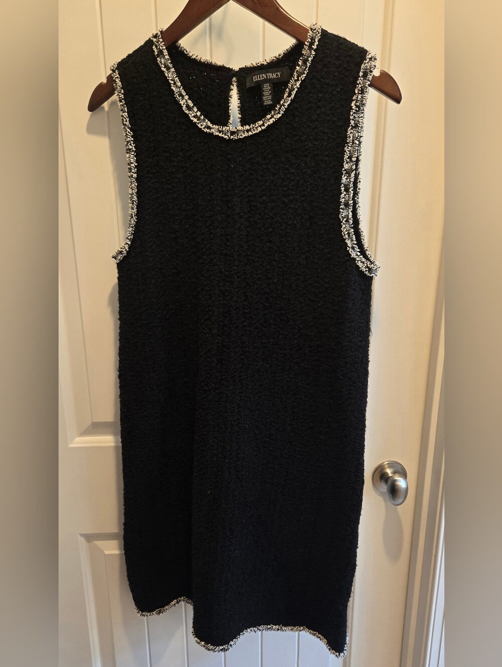 Ellen Tracy Black Tweed Sleeveless Sheath Dress with Silver Trim
